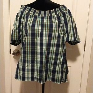 Talbots Plaid Blouse On/Off Shoulder